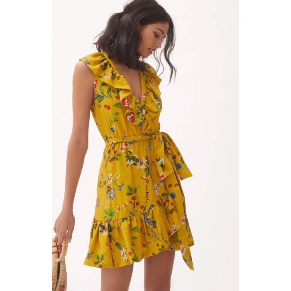 Anthropologie Maeve Gold Floral Faux Wrap Ruffled Mini Dress Sz Xl